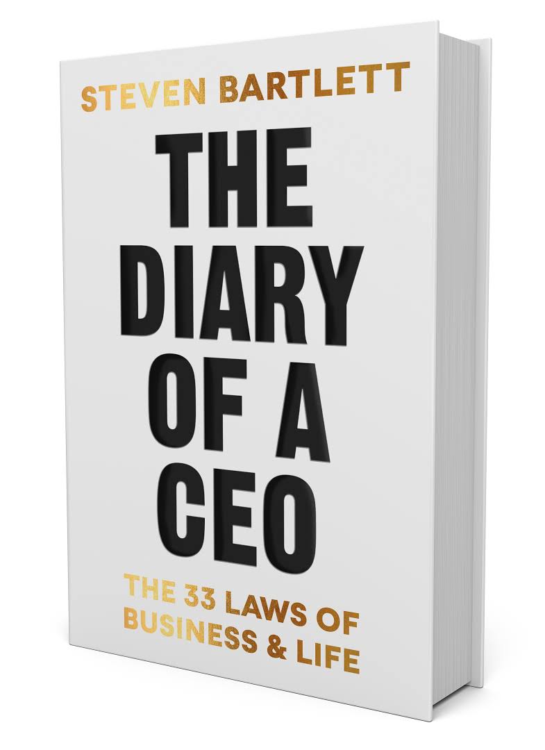 The Diary of a CEO" by Steven Bartlett. The cover features a clean white background with the title "THE DIARY OF A CEO" in bold black text prominently displayed. The author's name, "STEVEN BARTLETT," is at the top in gold text. Below the main title, the subtitle "THE 33 LAWS OF BUSINESS & LIFE" is written in smaller gold text. The overall design conveys a modern and professional aesthetic.
