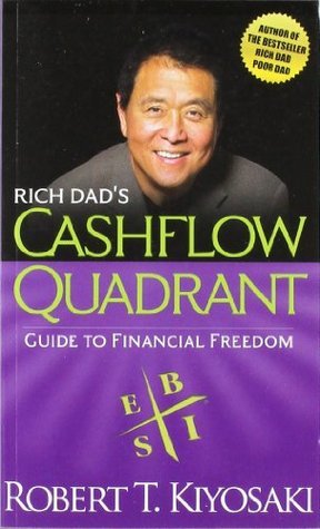 Book cover of "Rich Dad's Cashflow Quadrant: Guide to Financial Freedom" by Robert T. Kiyosaki. The cover features a smiling photo of Kiyosaki at the top, with the title in bold green and white text. Below the title, the subtitle "Guide to Financial Freedom" is written in white. The cover has a circular label stating "Author of the Bestseller Rich Dad Poor Dad" in the top right corner and includes the letters "E", "B", "S", and "I" in a vertical format on the lower section. The background is primarily purpl